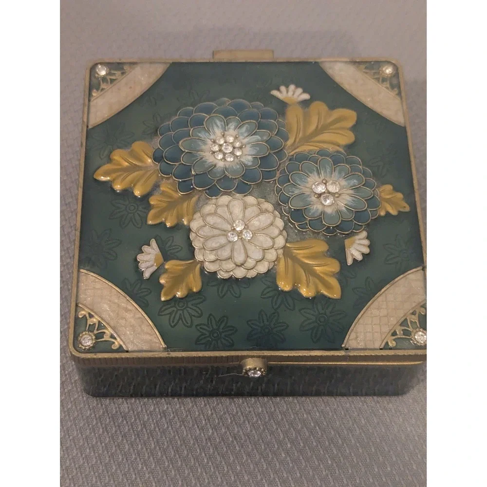 Vintage Enamel Floral Trinket Box Teal Rhinestone Inlay Mirrored Jewelry Case